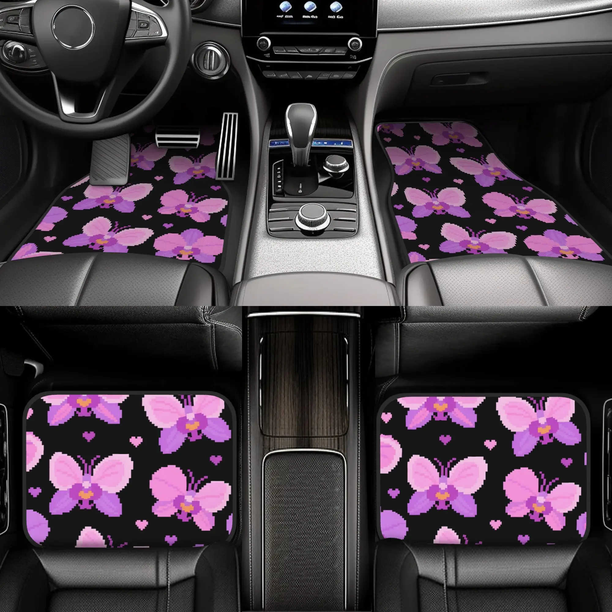 

4pcs Pixel Art Flowers Car Floor Mats Comfortable Crystal Velvet Vehicles Floor Mats, Front& Rear Full Coverage Auto Interior Ac