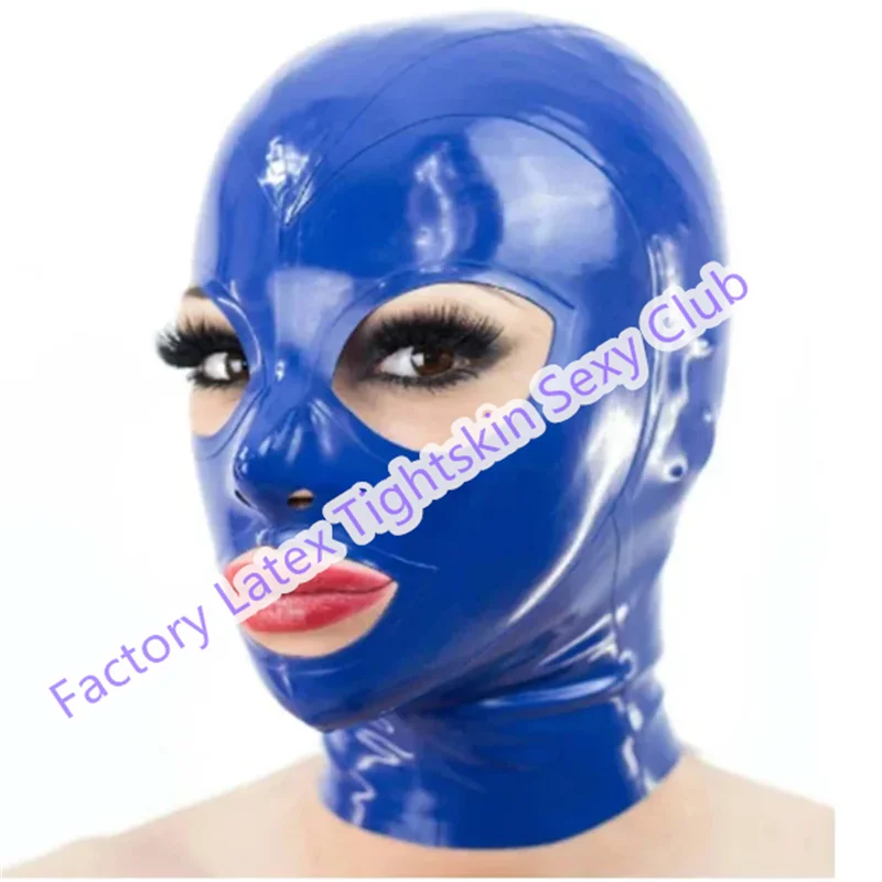 

Blue Latex Hood Mask Sexy Fetish Open Eyes and Mouth with Back Zipper for Club Wear Halloween Cosplay Costumes