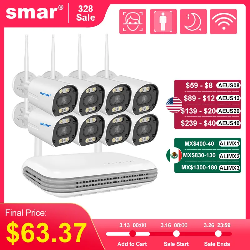 SMAR Wireless CCTV System Wifi Camera Kit H.265 3MP HD Security Audio AI Face Detect IP 8CH  NVR Video Surveillance Kit ICSee