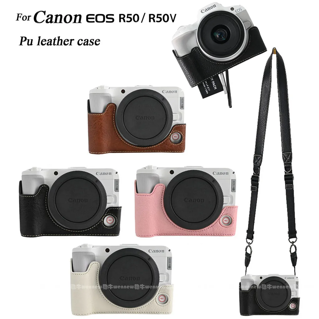 

R50V Casing PU Leather Case for Canon EOS R50V R50 Camera Bag Half Body Cover Camera Shoulder Strap