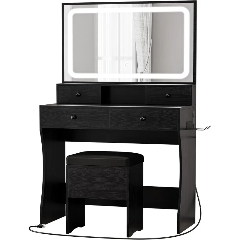 

Vanity Desk with LED Lighted Mirror & Power Outlet & 4 Drawers, Dressing Makeup Table Set with Storage Stool and Hair Dr