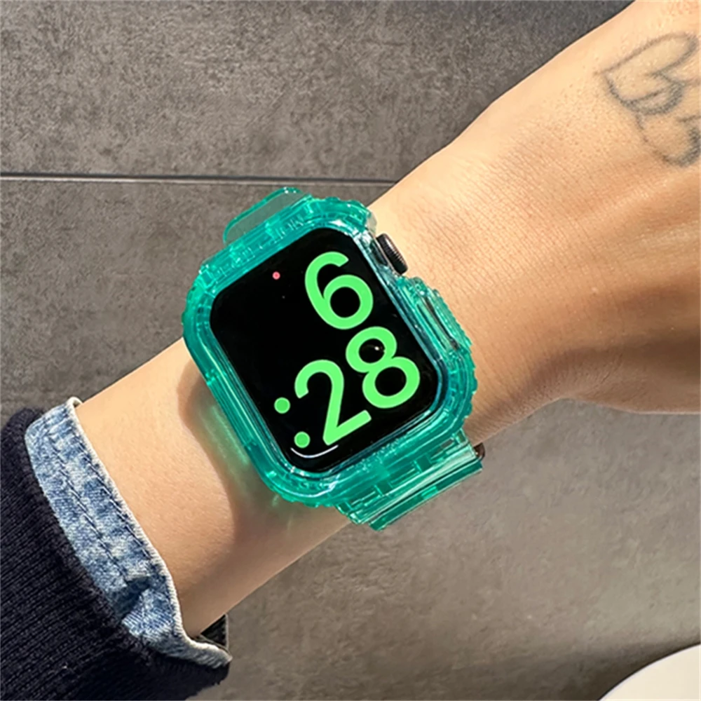 INS 2-IN-1 Glitter Clear Band+Case For Apple Watch 44 40 45 41 49 42 38mm Silicone Sports Strap For Ultra Serie 9 8 SE 7 6 5 4