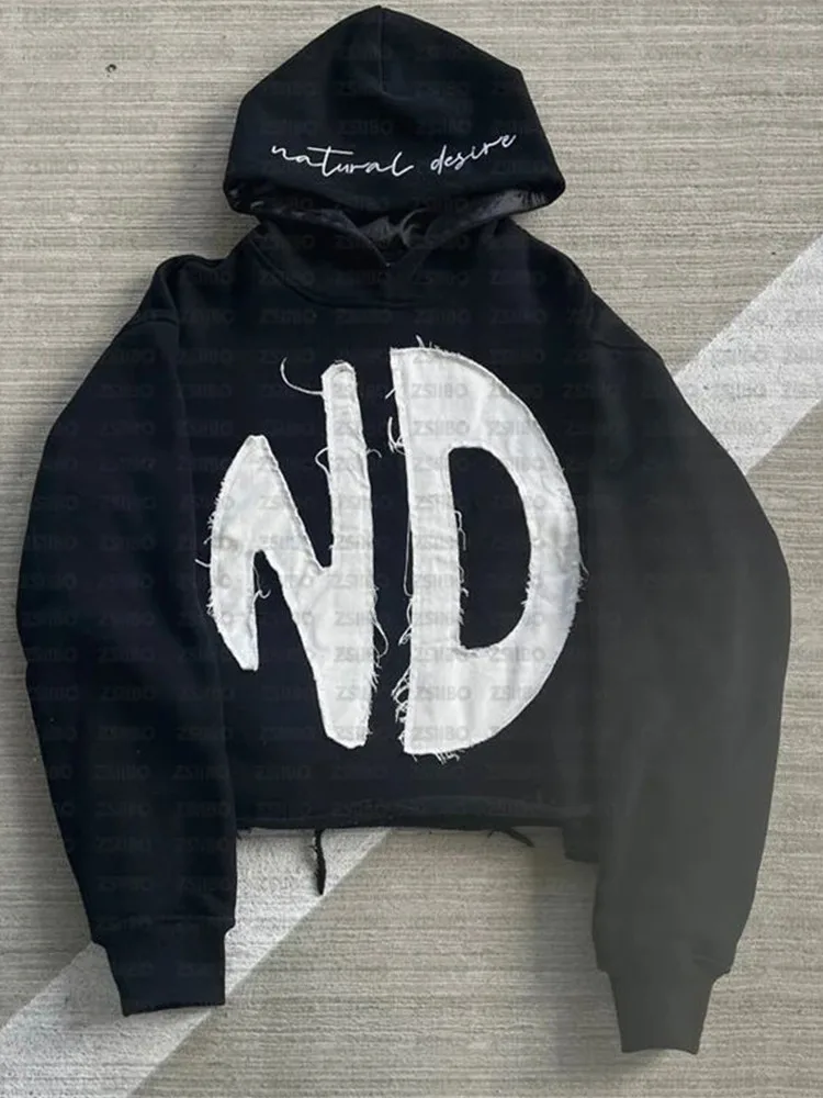 

Hoodie with patch English letter pattern, spring fashion men's long-sleeved hooded sweatshirt, Y2K clothing jacket, women's hood