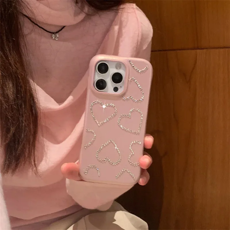 

Retro solid color leather pattern light pink heart-shaped diamond phone case for iPhone 11 12 13 14 15 16 pro max