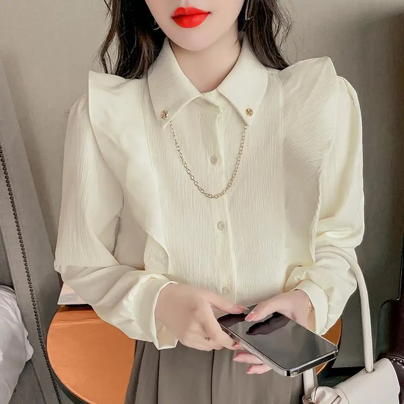 Women Spring Simplicity Vintage Ruffles Solid Color Turn-down Collar Long Sleeve Shirts Women Clothes Casual All-match Thin Tops