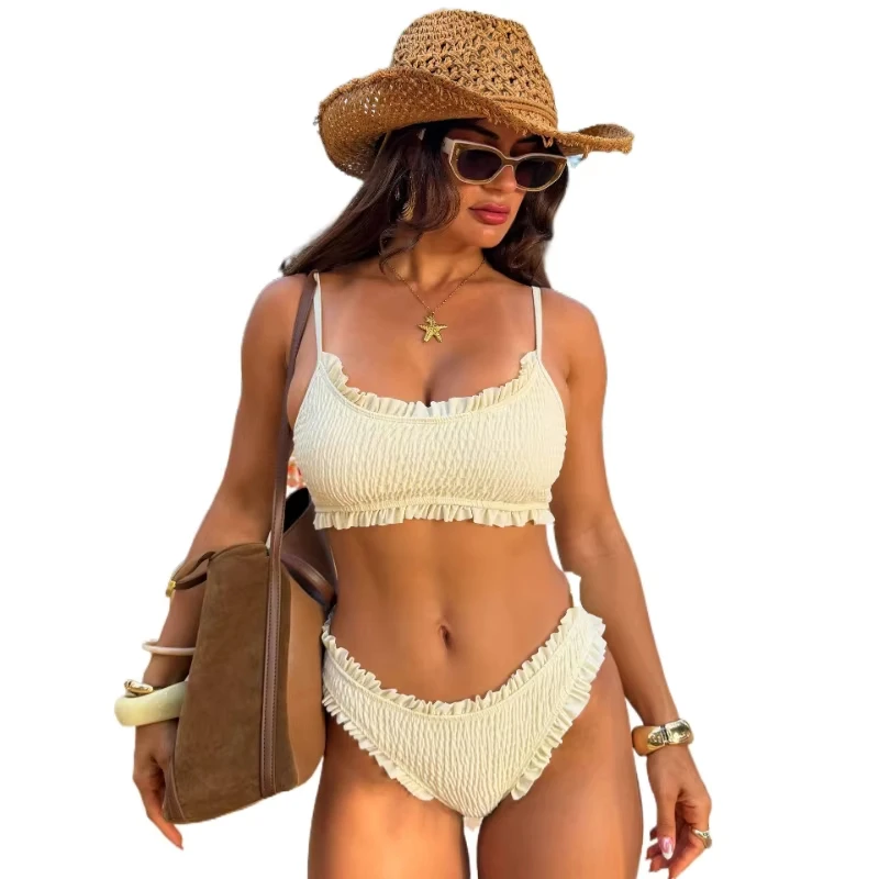 Women's Solid Color Ruched Two-Piece Sexy Bikini High-Waisted Swimwear