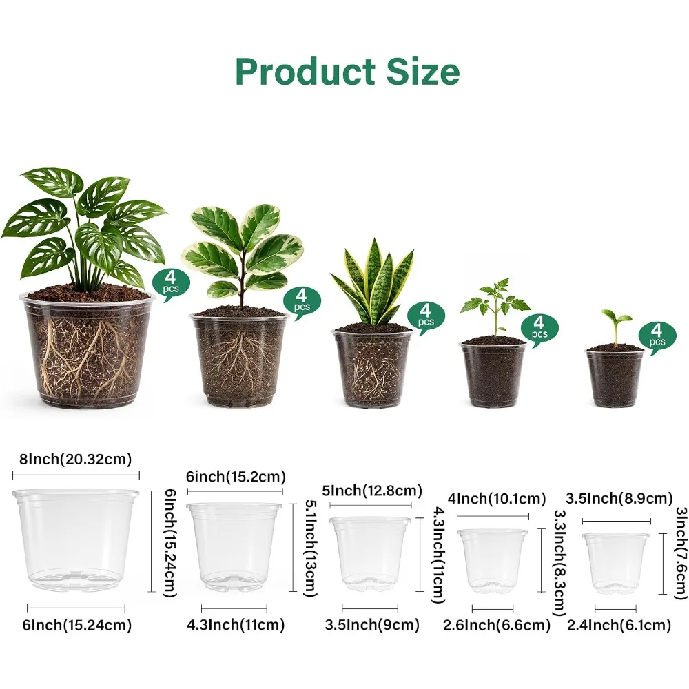 Clear Nursery Pots 20-Pack, 5 Sizes 3.5-8 Inch, Drainage Holes, See Roots & Moisture, Reusable for Seed Starting to Repotting