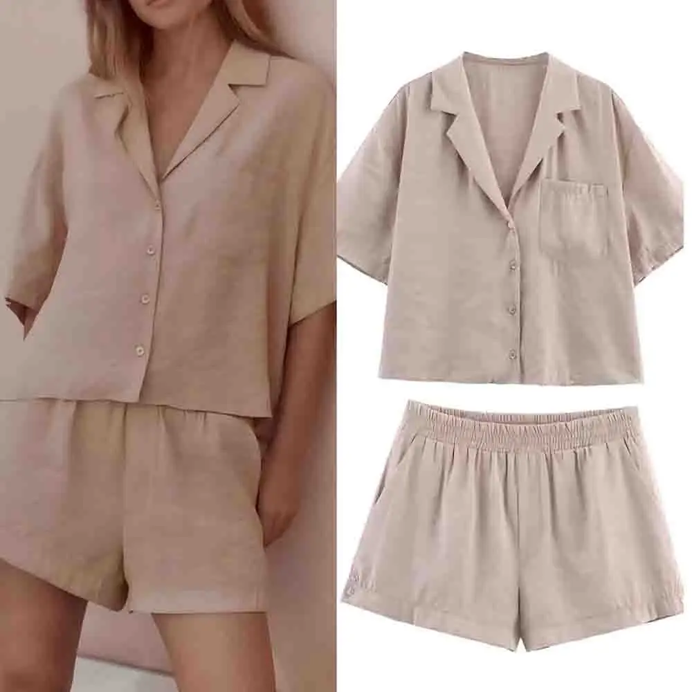 

Women's new fashion pocket decoration casual single breasted V-neck shirt short sleeved women's shirt chic top+Shorts suit