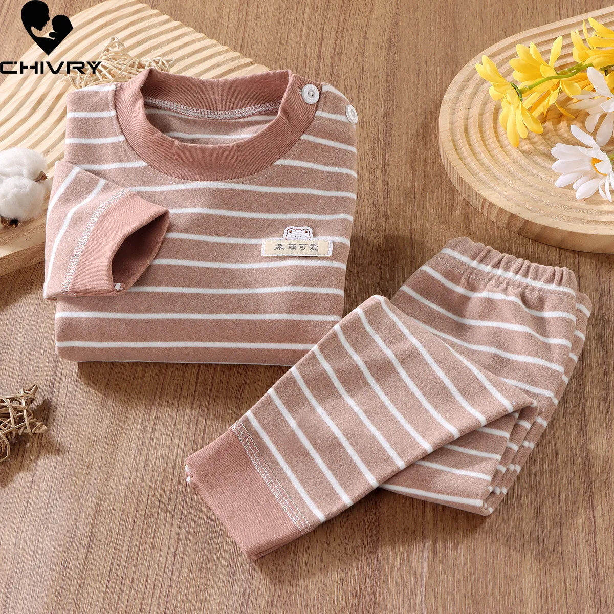 Conjunto de pijama a rayas para niños y niñas, camiseta de manga larga con cuello redondo y pantalones, ropa de dormir cálida para otoño, novedad de 2023