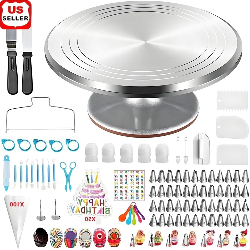 

393-комплект для украшения торта с поворотным столом из алюминиевого сплава, насадки для глазури, выравниватель, шпатель, скребки, цветочные ногти для начинающих