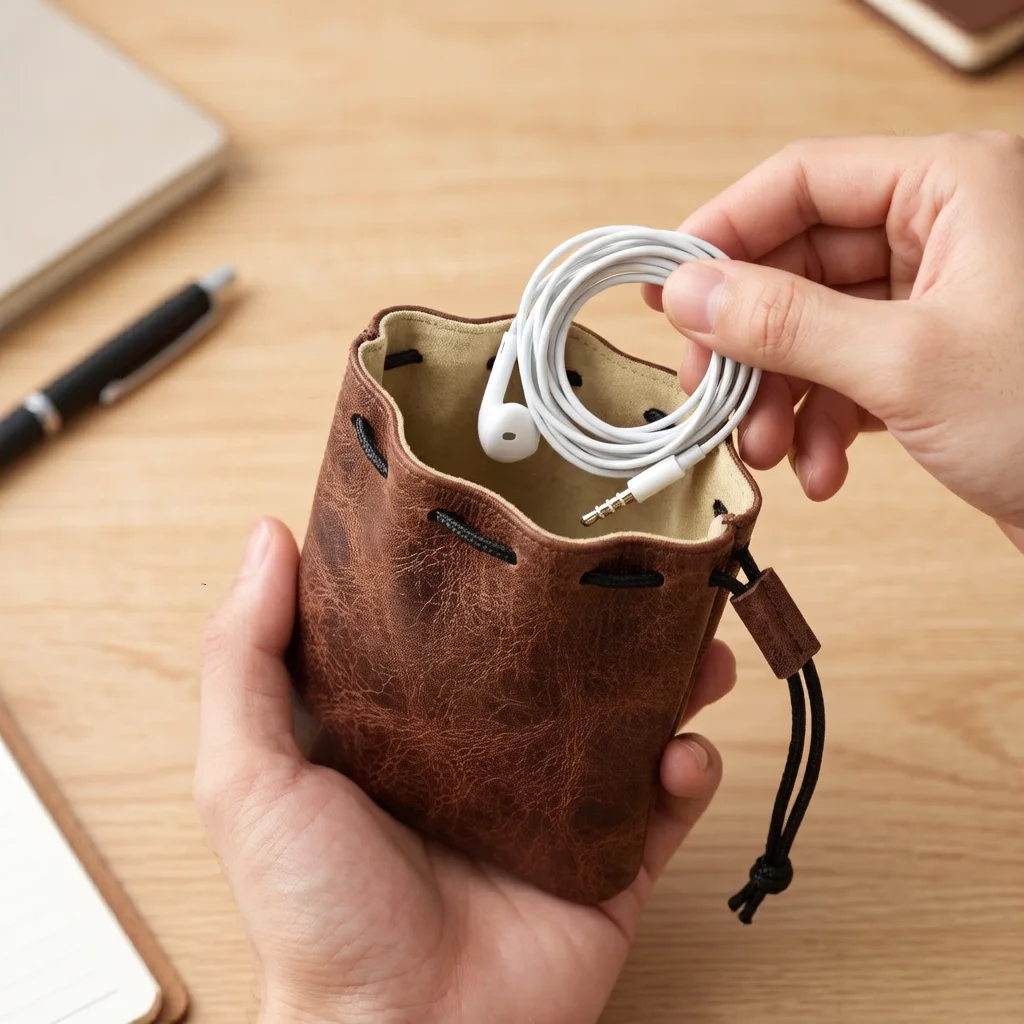 Small Leather Drawstring Pouch – Genuine Cowhide Coin Pouch, Secure Drawstring Closure, Scratch-Resistant Lining, Everyday Carry