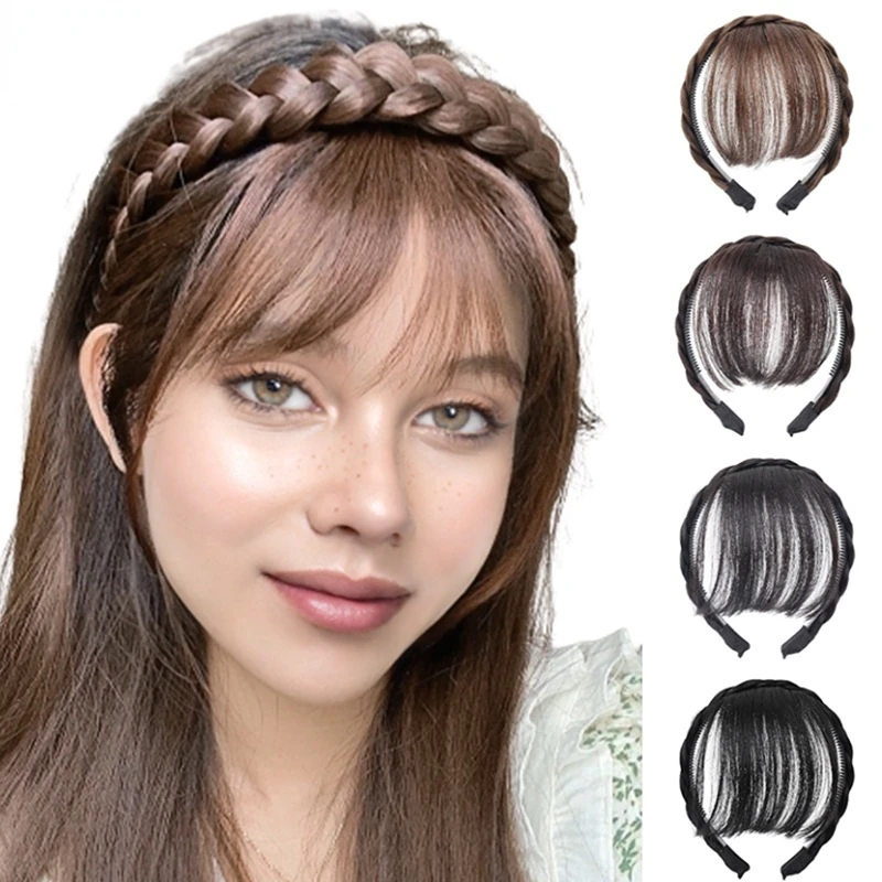 Synthetic Fake Bangs Hair Neat Fringe Bands with Double Row Braids Headband Heat Resistant Bangs In Hair Extensions Hairpieces