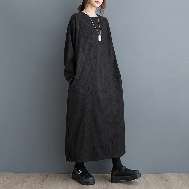Casual Loose Long Sve Dr k Texture Lazy Sle Bla Color Basic Long Dr Polyester Cotton Blend H-ape Silhouette