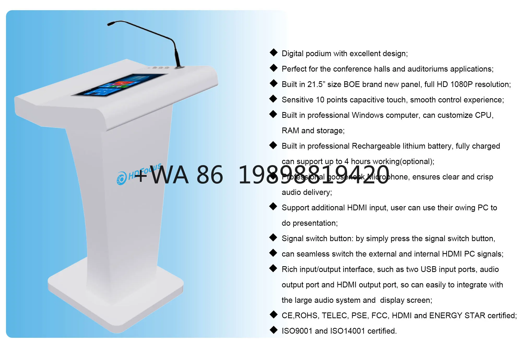 

21.5 Inch Touch Screen All-In-One Digital Podium with Built-in Computer for Teaching Presenting Shopping Malls Exhibitions Halls