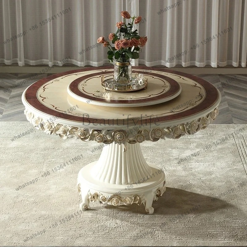 Palace French 1.4M round dining table and chairs combination beech pearlescent white with turntable dining table2005