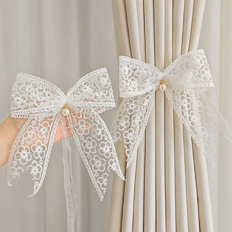 2pcs Lace Bow Curtain Ties, Light Luxury Style Creative Bow and Pearl Design, for Curtain Accessories Decor