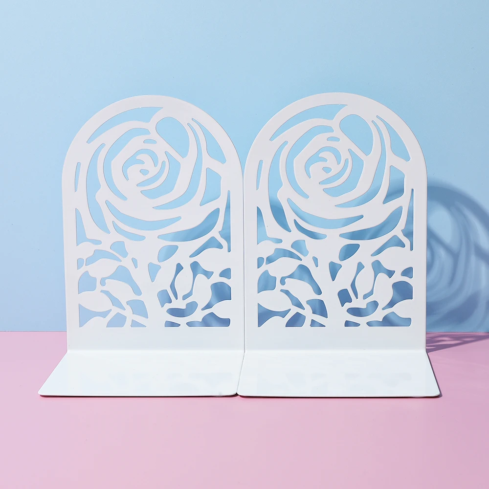 2Pcs White Metal Rose Hollow Carving Book Ends - Decorative Book Holders for Home Office Library，Book Supports for Organizing