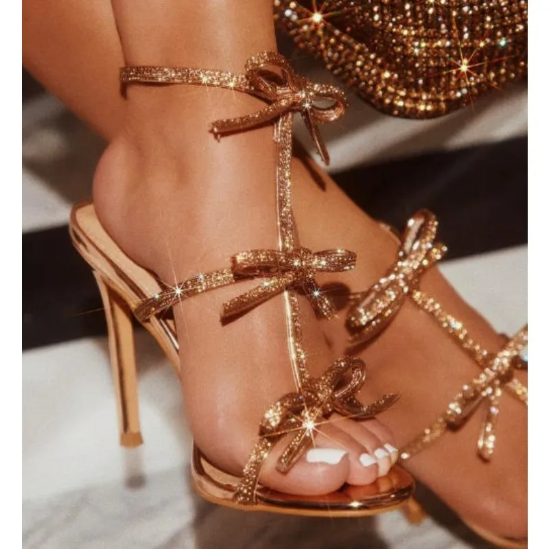 

Design Style Peep Toe Buckle Strap Woman Sandals Fashion Crystal Thin High Heels Stripper Party Ladies Shoes