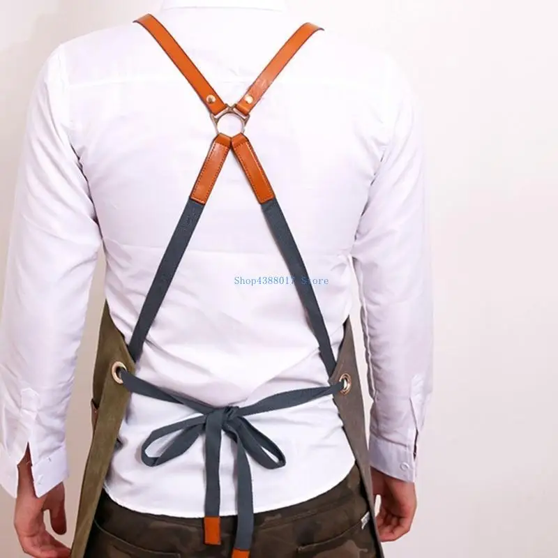 

896B Unisex Canvas Work Apron with Tool Pockets Cross-Back Straps Adjustable Durable