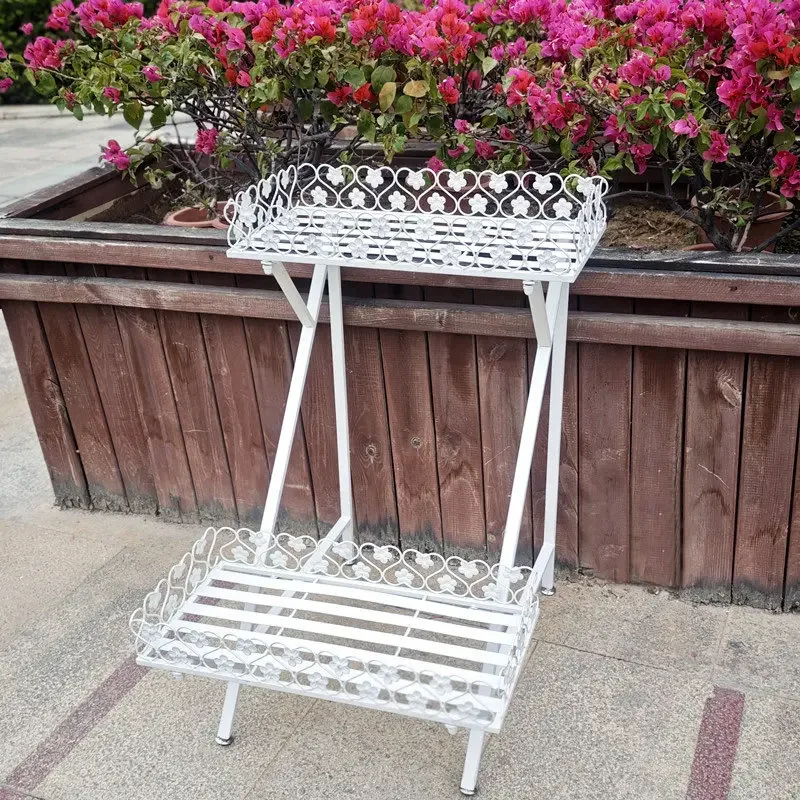 Wrought iron double-layer flower stand, italic ladder, garden groove, compartment storage basin, floor elevation, indoor and out
