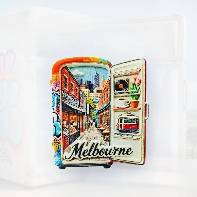Melbourne Coffee Tram Fridge Magnet - Vibrant 3D Street Art Souvenir Unique Australian City Gift for Travel & Urban Decor