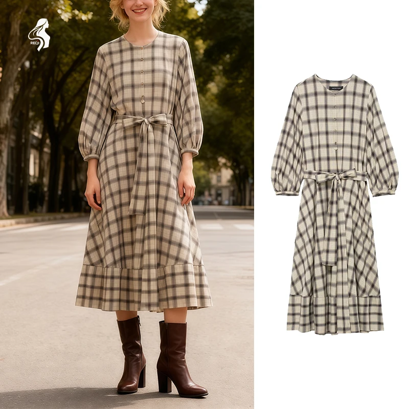 Sukienka damska z paskiem, rękawami typu lampion, w kratę, z okrągłym dekoltem, w stylu koszuli - niezbędny, modny i elegancki element.