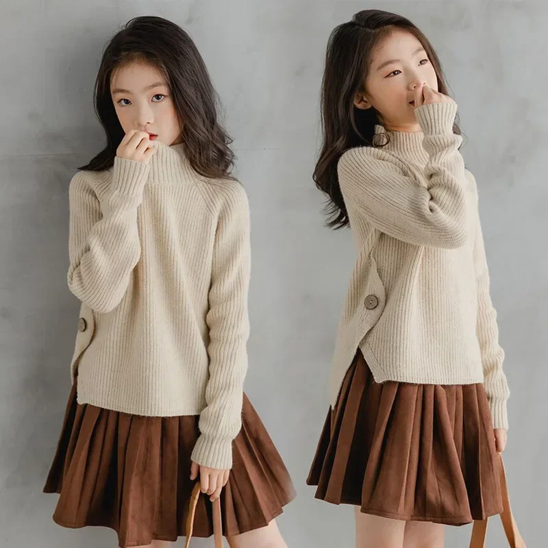 

5-14Y Kids Clothes 2024 Spring Solid Color Sweaters for Girls Knitwear Turtleneck Pullover Outerwear Teenage Children Clothing