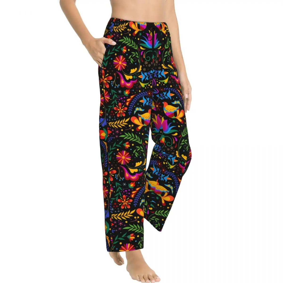 Custom Mexican Flowers Otomi And Birds Pajama Pants Sleepwear Women's Elastic Waistband Sleep Lounge Bottoms with Pockets