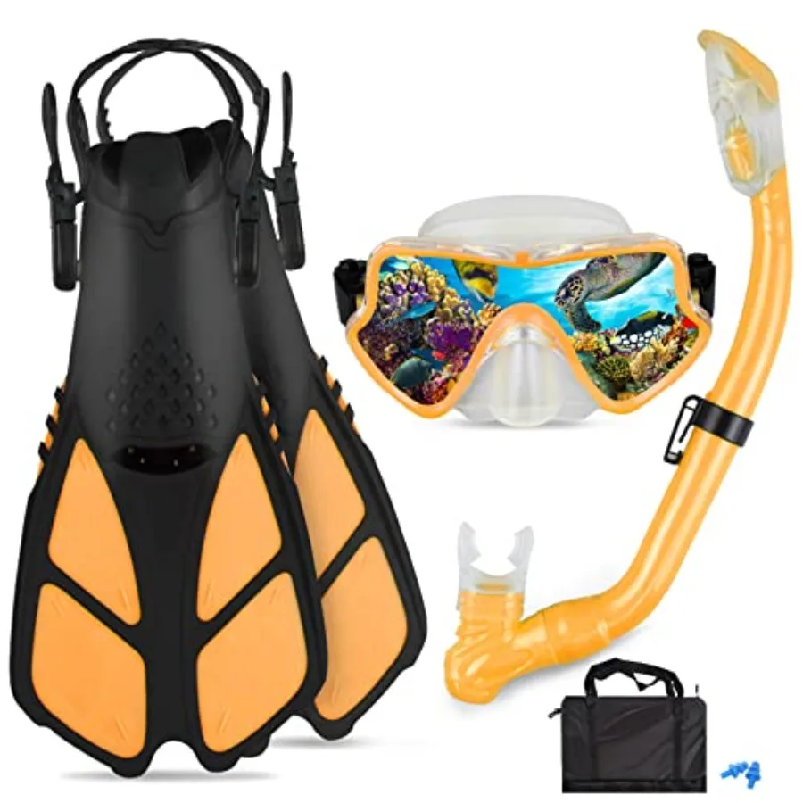 

Snorkeling Set - Adjustable Flippers + Panoramic Snorkel Mask + Dry Snorkel Tube + Travel Bags - Suitable for and Juniors Age 5