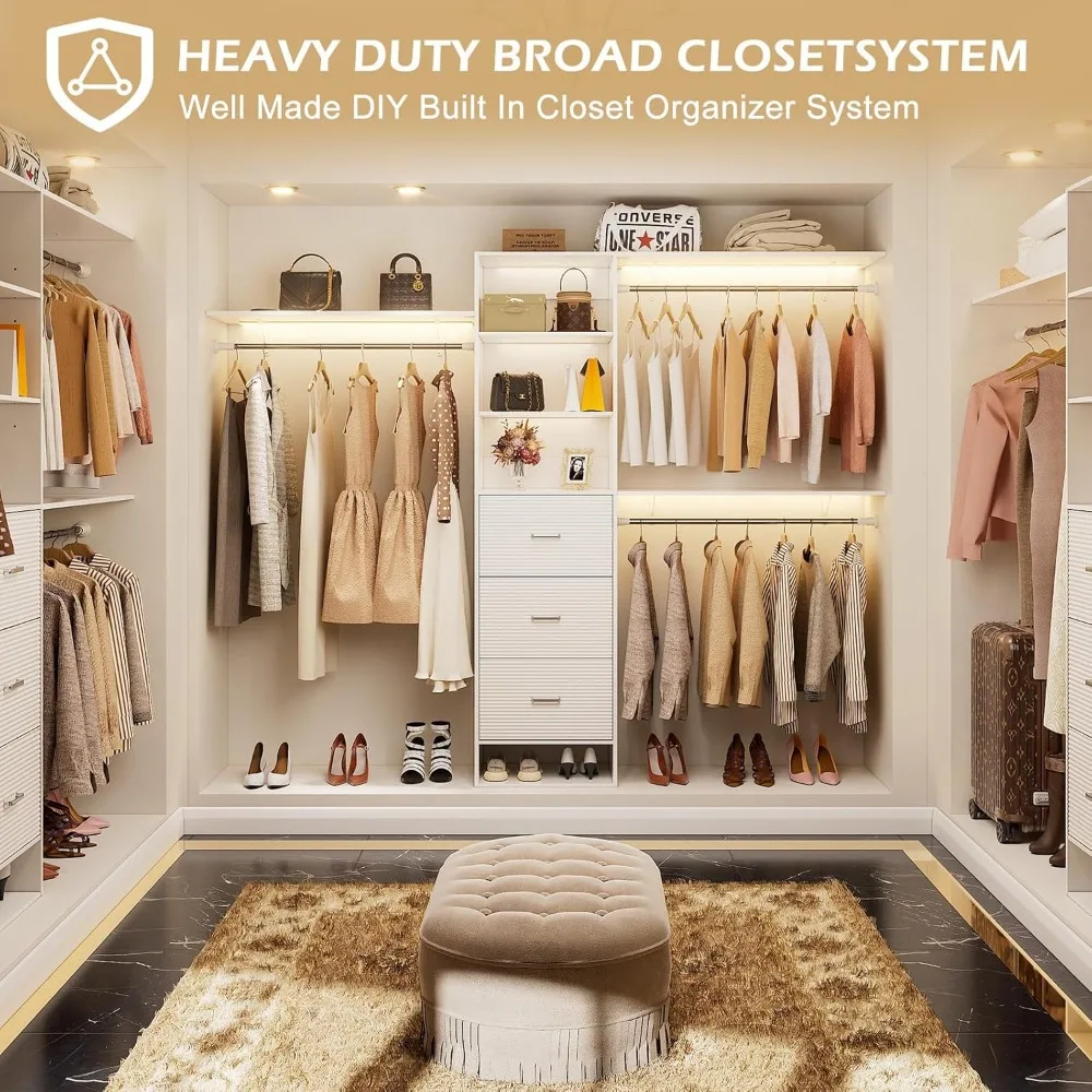 Expandable 8FT Wooden Closet Organizer System with Drawers and Adjustable Hanging Rods for Enhanced Storage Solutions