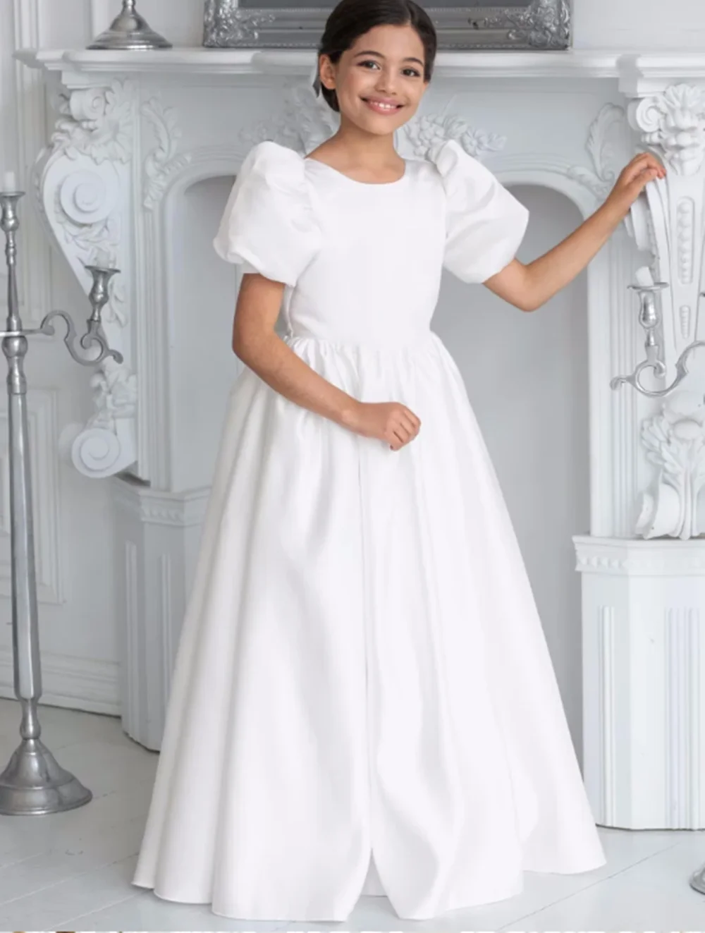 Vestidos da menina de flor para festa de casamento à noite crianças luxo princesa vestido de cetim branco manga longa ilusão rendas com arco vestidos