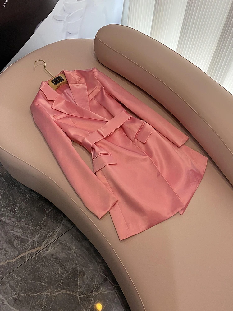 Quality Satin Lady Designed Elegant Style Office Solid Long Sleeve Wear Women Short Mini Pink Blazer Dress