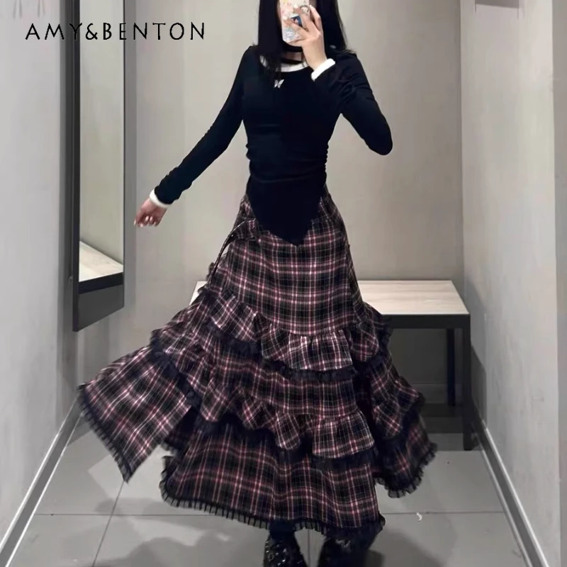 Falda acampanada a cuadros para mujer, diseño Vintage, dulce, rosa y negro, corte en A, encaje, faldas largas holgadas y versátiles, novedad de otoño