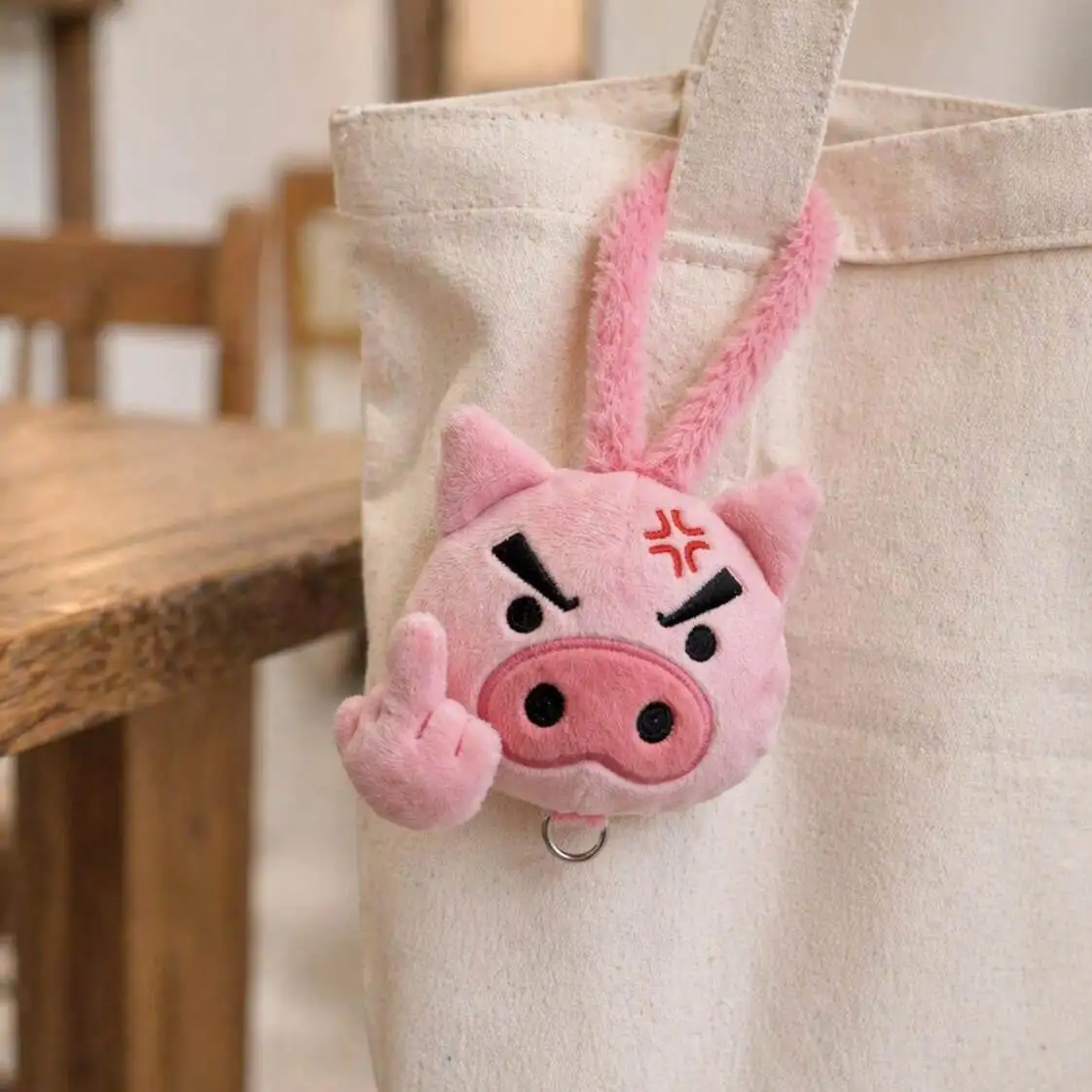 Cute Angry Pink Pig Plush Keychain Funny Gesture Piggy Doll Pendant With Fluffy Wrist Strap Bag Charm ID Card Holder Accessory