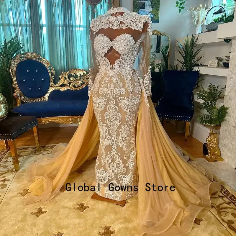 Champagne Long Prom Dresses For Black Girls Long Sleeves Pearls American African Evening Gowns Birthday Party Robe Customized