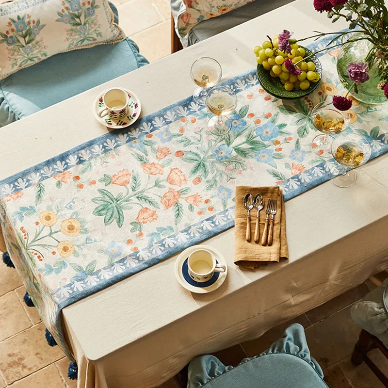 Pastoral Style Table Runner Tassel Hand Drawn Flower Patterns Cabinet Table Decoration And Accessories Restaurant Living Room