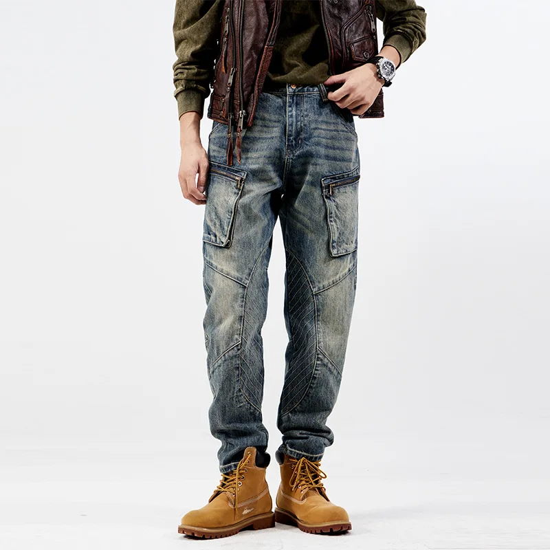 American Vintage Fashion Men's Casual Trendy Simple Basic Loose Elastic Spliced Cargo Denim Trousers Male Jeans Pants Clothes