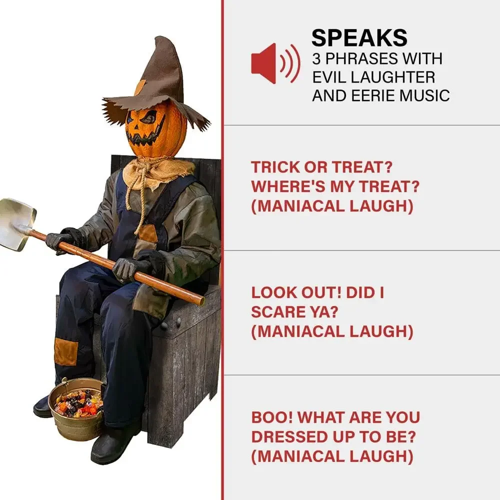 Motion-Activated Smiling Jack The Shovel-Wielding Sitting Scarecrow by Tekky, Talking Jump-Scare Halloween Animatronic,