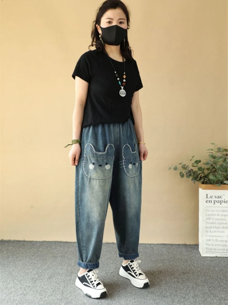 

Retro Artistic Printed Casual Wear Ladies Cotton Trousers Straight Loose Fit Spring Summer