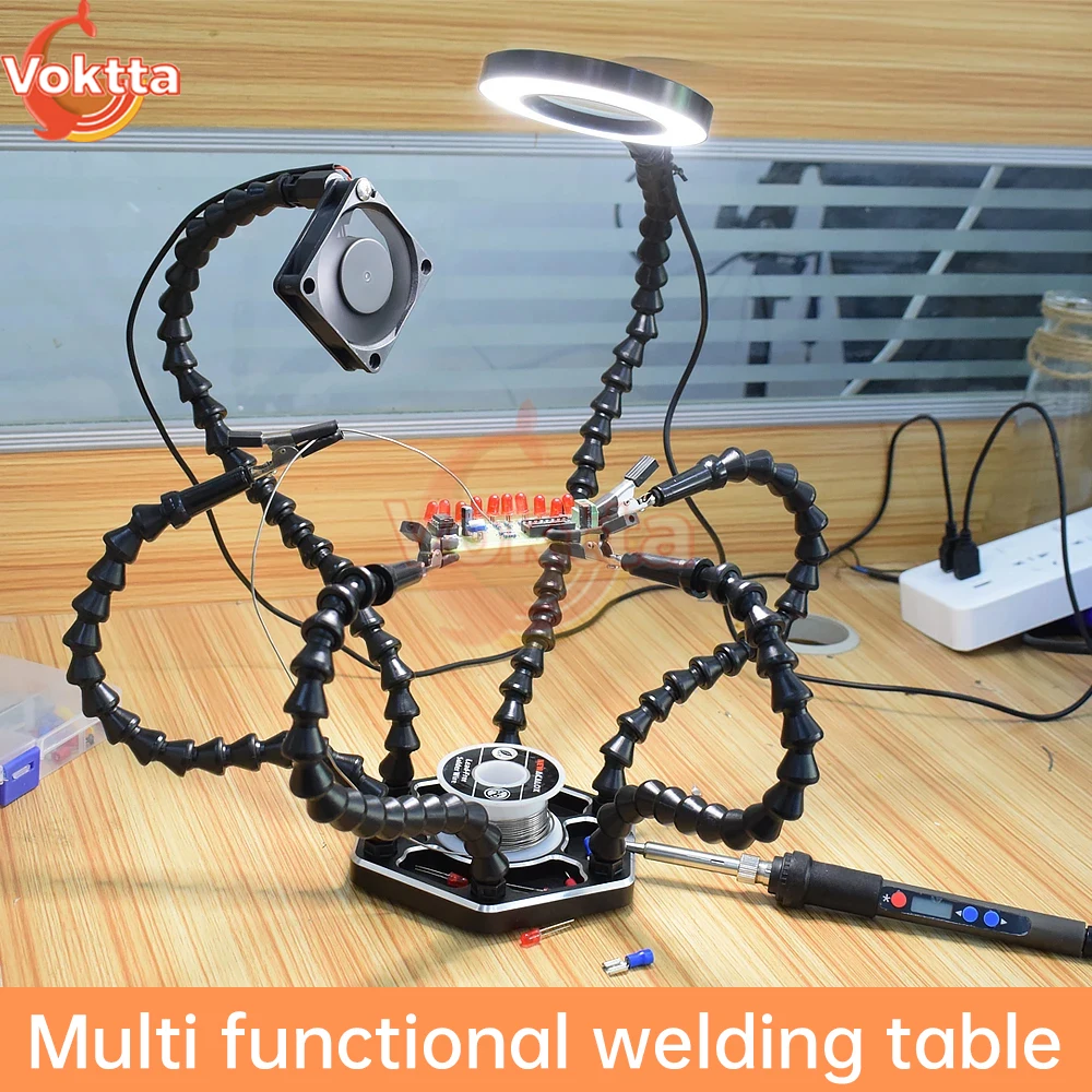 6 Flexible Arms Third Hand Soldering PCB Holder Tool 3x LED Magnifying Glass USB Light Auxiliary Welding Station Clamp with Fan