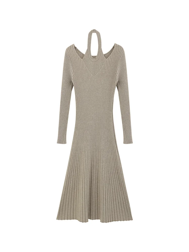 Halter pescoço recorte vestido de malha feminino inverno com nervuras magro manga longa camisola vestido cintura alta bodycon a linha midi vestido uso diário