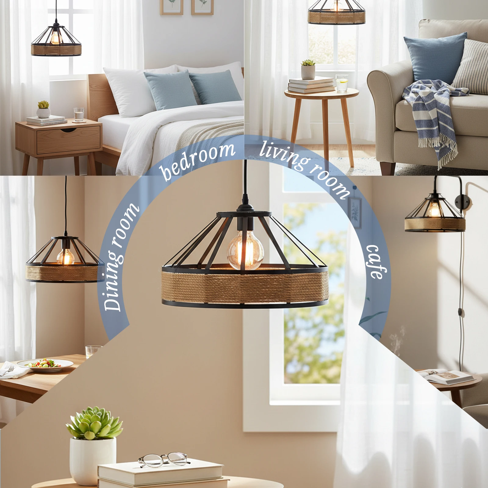 Handwoven Jute Diamond Cage Lampshade Mini Pendant Lamp Cover Industrial Farmhouse Kitchen Restaurant Decor