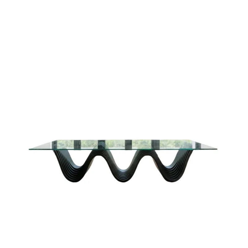 Black multi-layer wavy curved base solid wood dining table