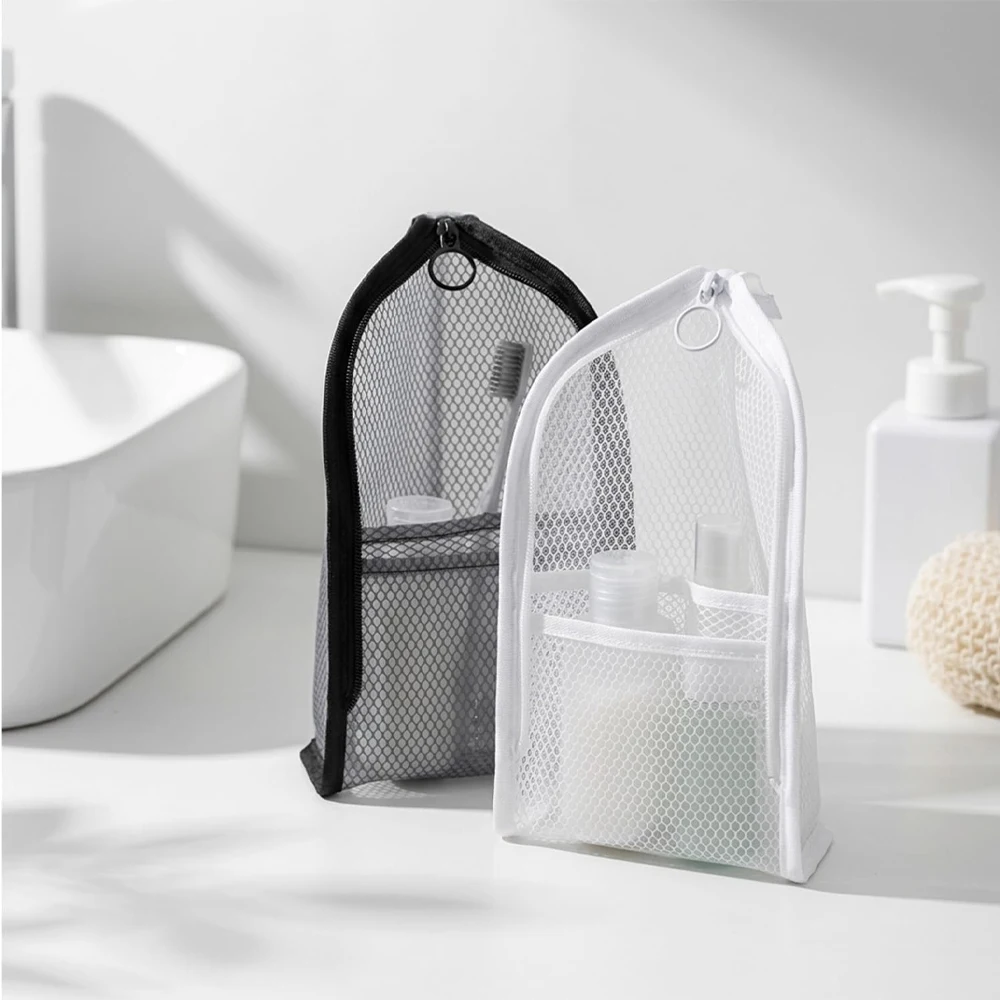 Stand-Up Toiletry Bag Water-Resistant Mesh Cosmetic Organizer Portable Travel Makeup Wash Bag with Multi Compartments for Women