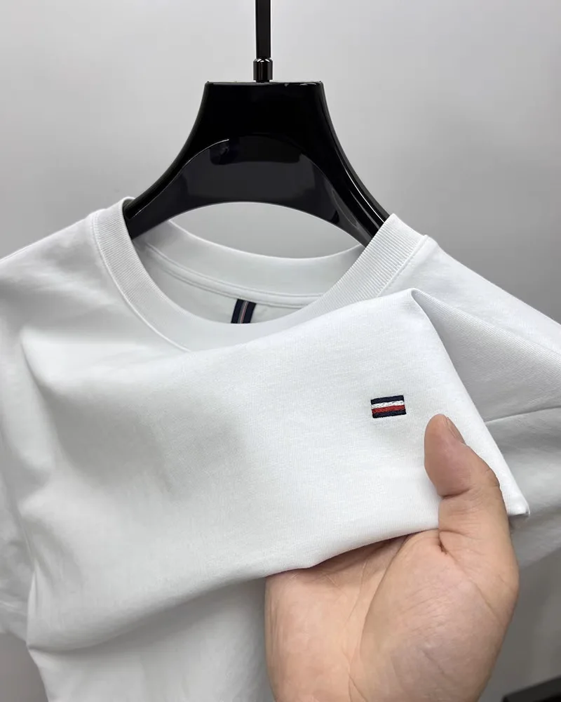 

High quality 100% cotton short sleeve men's round neck T-shirt summer fashion classic brand embroidered ice silk breathable top