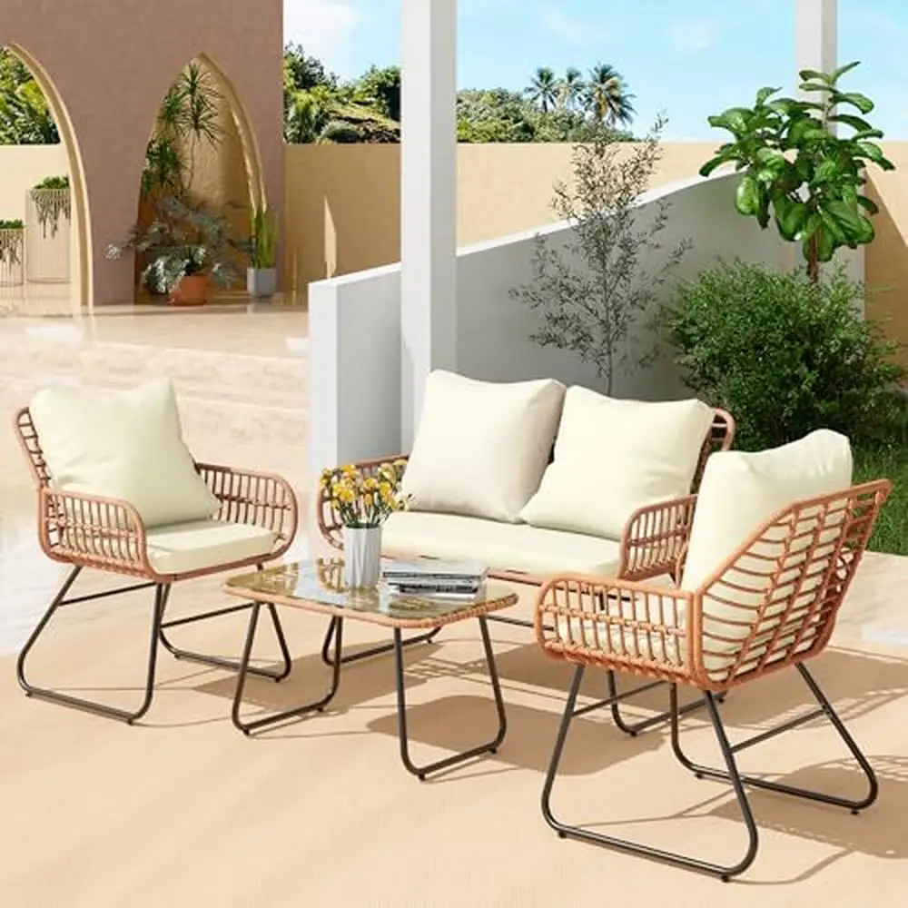 Outdoor Rattan Furniture Set 4-Piece Conversation Loveseat Chairs and Table Set