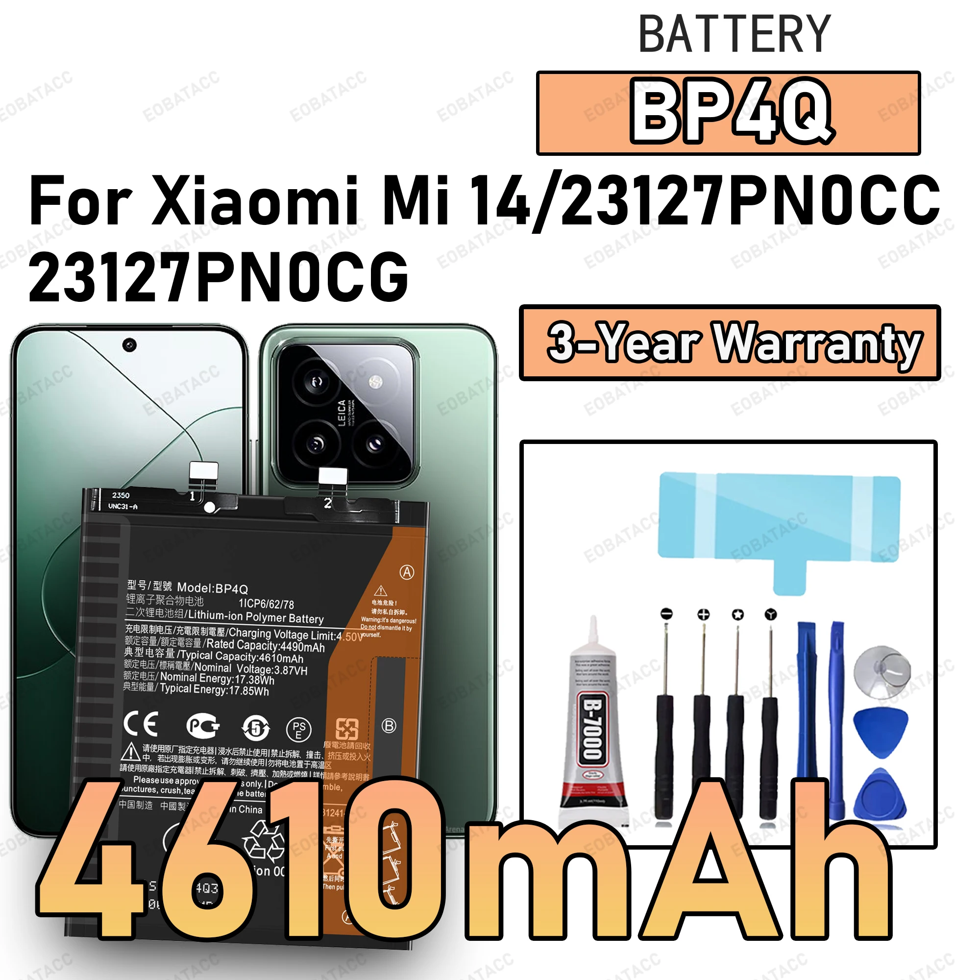 

100% New High Capacity BP4Q Battery For XIAOMI MI 14 /23127PN0CC Replacement batteries +Free Tools