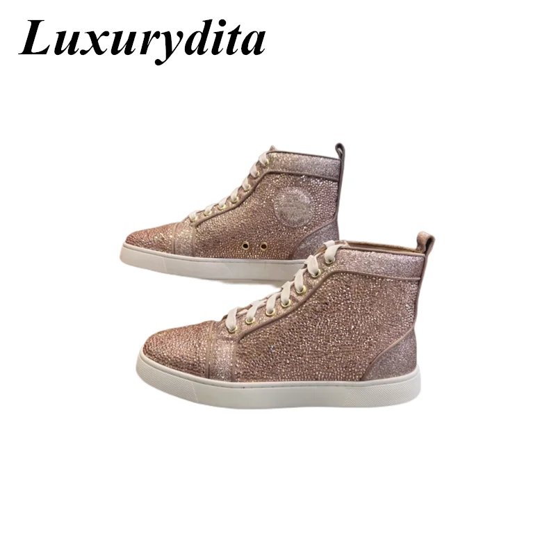คุณภาพสูงสตรีอินเทรนด์รองเท้าผ้าใบลําลอง Luxury Mens หนังแท้รองเท้าเทนนิส Designr สีแดง Soled น้ําคนรัก Rivet รองเท้า HJ0026