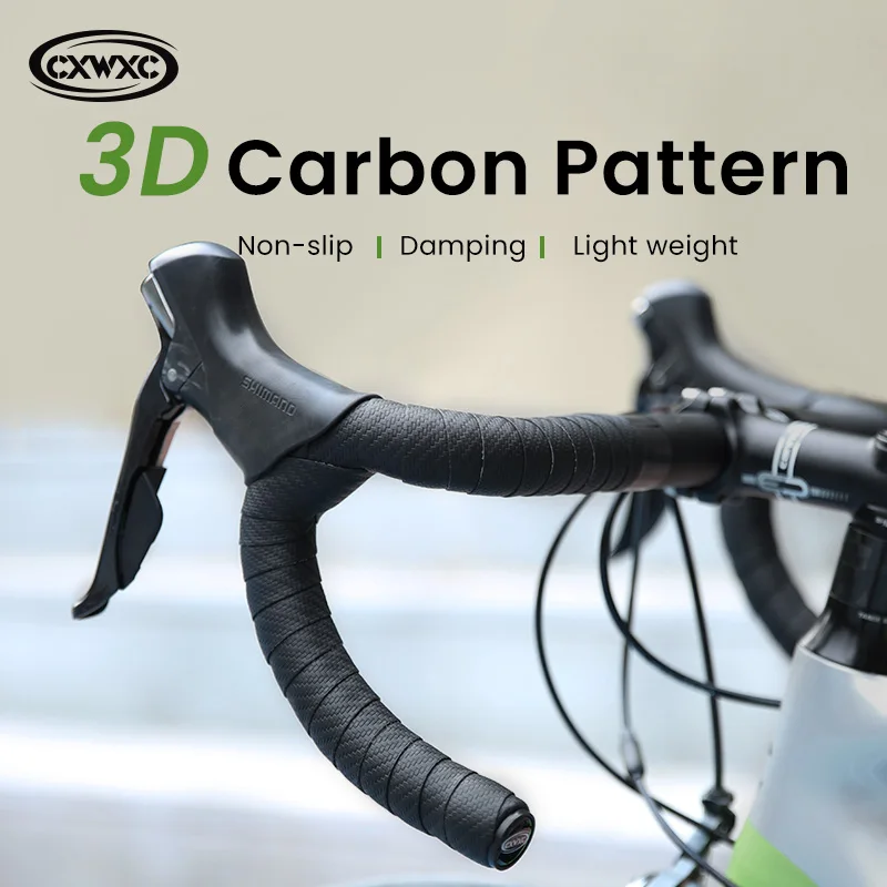 CXWXC Road Bike Bicycle Handlebar Tape 3D Carbon Pattern Non-slip PVC + EVA Shockproof Wear Resistant Bar Tape with Bar Plugs