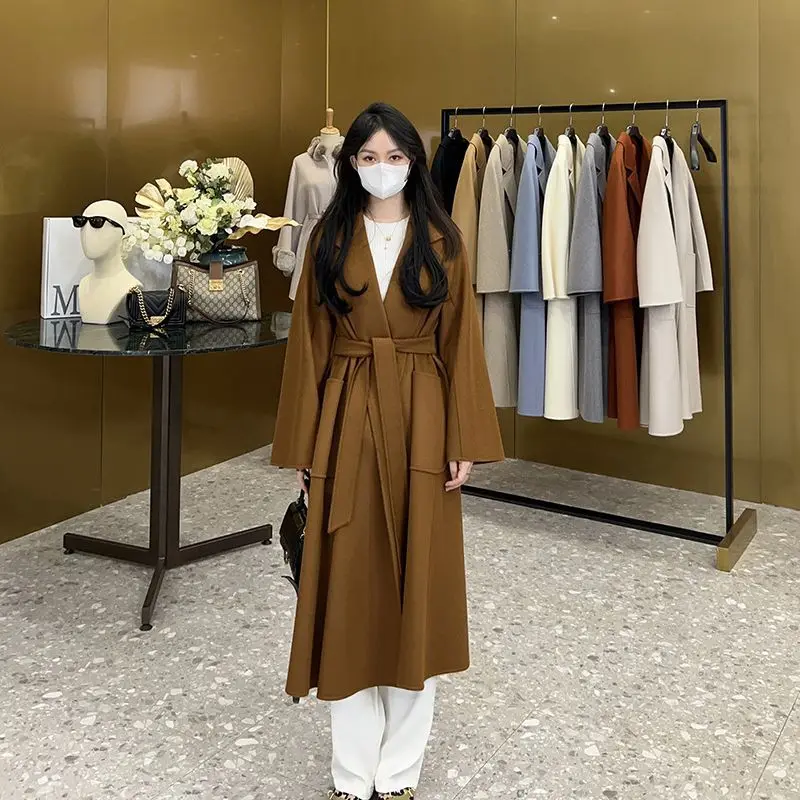 Double-sided cashmere coat women's extended style, temperament light ripe water ripple long-sleeved jacket